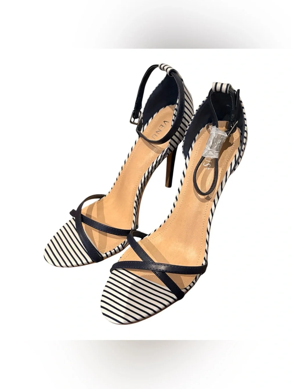 New VENUS Striped Navy and White Striped Ankle-Strap Heels